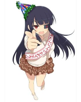 Rule 34 | 1girl, black hair, blunt bangs, blush, border, brown skirt, collarbone, drawstring, eyepatch, fang, flat chest, foreshortening, hand on own hip, hat, hood, hood down, hoodie, long hair, long sleeves, looking at viewer, miniskirt, mirai (senran kagura), mitsudomoe (shape), official art, open mouth, party hat, pointing, pointing at viewer, red eyes, sash, senran kagura, senran kagura new wave, senran kagura shoujo-tachi no shin'ei, simple background, skirt, solo, tomoe (symbol), translation request, white background, white hoodie