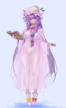 1girl alternate_skin_color blue_bow blush book bow breasts cape commentary_request covered_erect_nipples covered_navel crescent crescent_hat_ornament dark-skinned_female dark_skin dress footwear_bow frilled_hat frills full_body hair_bow hat hat_ornament highres holding holding_book large_breasts light_smile long_hair long_sidelocks looking_at_viewer mob_cap patchouli_knowledge pink_cape pink_dress pink_hat pink_shoes purple_eyes purple_hair red_bow see-through_clothes shoes sidelocks simple_background soara_shimomo solo straight_hair touhou very_long_hair