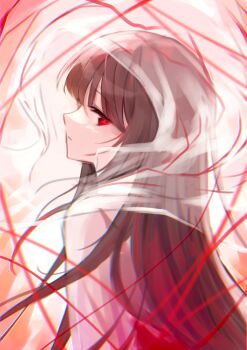 1girl black_hair bridal_veil closed_mouth hashtag-only_commentary highres hiheoy hood japanese_clothes kimono limbus_company long_hair looking_at_viewer looking_back project_moon red_eyes ryoshu_(project_moon) see-through_clothes shiromuku solo uchikake veil wataboushi white_kimono