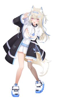 1girl 3d :d ahoge animal_collar animal_ear_fluff animal_ears bandaid bandaid_hair_ornament belt bib_collar black_coat black_collar blonde_hair blue_belt blue_hair blue_hairband blue_nails breasts center_frills chain claw_pose cleavage cleavage_cutout clothing_cutout coat collar colored_shoe_soles cutout_above_navel detached_collar dog_ears dog_girl dog_tail dress fake_horns fingernails fishnet_thighhighs fishnets frilled_shirt_collar frilled_sleeves frills full_body fur-trimmed_coat fur_trim fuwawa_abyssgard fuwawa_abyssgard_(1st_costume) hair_ornament hairband hairclip hairpin half_updo hand_on_own_thigh hand_up highres hololive hololive_english horn_hairband large_breasts legs_apart long_hair long_sleeves looking_at_viewer multicolored_hair multiple_hairpins nail_polish official_art open_clothes open_coat open_mouth pigeon-toed pink_hair pocket second-party_source shiba_tsukune_(artist) shoes short_dress simple_background single_bare_leg single_thighhigh sleeves_past_wrists smile sneakers solo spiked_collar spikes standing streaked_hair tachi-e tail thighhighs transparent_background two-tone_hair two_side_up virtual_youtuber white_dress white_footwear white_shoes
