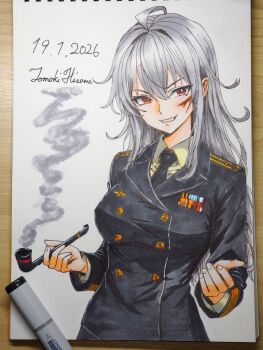 1girl alternate_costume art_tools_in_frame black_jacket black_necktie buttons collared_shirt commentary_request dated double-breasted facial_scar gangut_(kancolle) grey_hair hair_between_eyes highres hisama_tomoki jacket kantai_collection long_hair looking_at_viewer marker_(medium) military_dress_uniform military_rank_insignia military_uniform naval_dress_uniform naval_uniform necktie one-hour_drawing_challenge red_eyes ribbon_bar russian_navy scar scar_on_cheek scar_on_face shirt shoulder_boards signature smile smoking_pipe solo traditional_media yellow_shirt