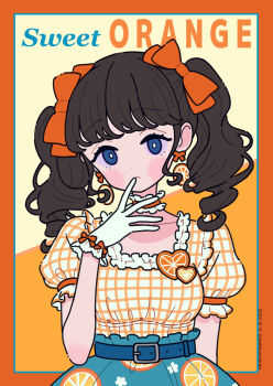 1girl belt belt_buckle black_hair blue_belt blue_eyes blue_skirt border bow breasts buckle choker collarbone commentary dated english_commentary english_text frilled_choker frills gloves hair_bow hand_to_own_mouth hand_up head_tilt high-waist_skirt highres looking_at_viewer medium_breasts neki_(wakiko) orange_border orange_bow orange_choker original outside_border plaid_clothes plaid_shirt puffy_short_sleeves puffy_sleeves shirt short_sleeves skirt solo twintails twitter_username white_gloves