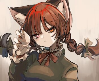 Rule 34 | 1girl, animal ears, braid, breasts, cat ears, cat girl, closed mouth, commentary, fingernails, glowing, glowing eye, grey background, hall jion, kaenbyou rin, long fingernails, long sleeves, looking at viewer, red eyes, red nails, side braids, simple background, solo, symbol-only commentary, touhou, twin braids, upper body