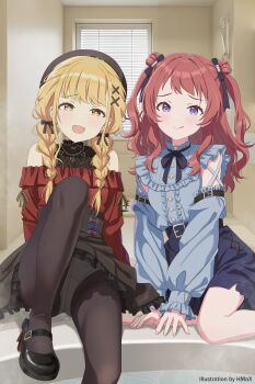 2girls absurdres alternate_costume artist_name bare_shoulders black_bow black_pantyhose black_shoes black_skirt blonde_hair blue_eyes bow braid brown_hair center_frills fang frills fujita_kotone gakuen_idolmaster hair_ribbon hanami_saki heart heart_in_eye highres hmax idolmaster indoors jirai_kei licking_lips long_hair long_sleeves looking_at_viewer low_twin_braids multiple_girls open_mouth panties panties_under_pantyhose pantyhose photo_background ribbon shoes sitting skin_fang skirt smile symbol_in_eye tongue tongue_out twin_braids two_side_up underwear yellow_eyes