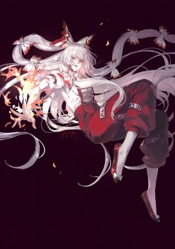 1girl absurdly_long_hair artist_name black_background bow burning burnt_clothes buttons collared_shirt commentary dated embers expressionless fire flats floating floating_hair footwear_bow fujiwara_no_mokou full_body ganada hair_bow highres korean_commentary large_bow lips long_hair multiple_hair_bows ofuda ofuda_on_clothes pants parted_lips popped_collar puffy_pants pyrokinesis red_eyes red_pants red_shoes shirt shoes short_sleeves simple_background solo suspender_pants suspenders torn_clothes torn_sleeves touhou very_long_hair white_bow white_hair white_shirt