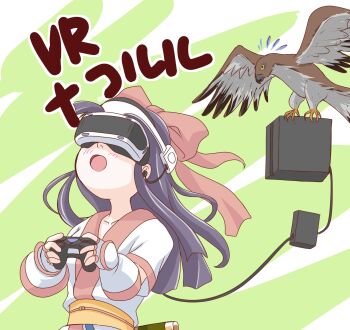 1girl ainu_clothes artist_name blush breasts character_name controller dated fingerless_gloves game_console game_controller gloves hair_ribbon head-mounted_display heart heart_hands hebobox highres japanese_text long_hair looking_up mamahaha medium_breasts nakoruru open_mouth playing_games playstation_4 purple_hair ribbon samurai_spirits snk the_king_of_fighters tongue translated weapon