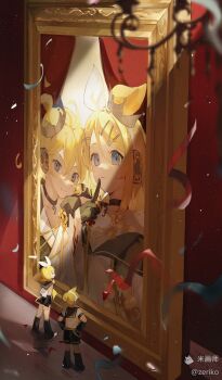 1boy 1girl :3 absurdres arm_on_another's_shoulder arm_warmers bass_guitar belt black_gloves black_leg_warmers black_sailor_collar black_shorts blonde_hair blue_eyes blurry blurry_foreground bow collarbone collared_shirt confetti crown finger_to_mouth gloves hair_bow hair_ornament hairclip hands_on_own_hips headphones highres indoors instrument jacket kagamine_len kagamine_rin kagamine_rin/len_happy_14th_birthday leg_warmers looking_at_viewer midriff navel painting_(object) pendant_choker ponytail ribbon sailor_collar shirt short_hair short_ponytail short_shorts short_sleeves shorts sleeveless sleeveless_shirt smile standing streamers swept_bangs treble_clef upper_body vocaloid white_background white_bow white_jacket white_shirt yellow_bow yellow_ribbon zeriko