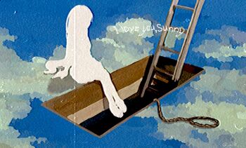 1girl blue_sky cloud english_text film_grain highres ladder long_hair mari_(headspace)_(omori) mari_(omori) nill_(nill) noose omori rope silhouette sitting sky solo spoilers very_long_hair