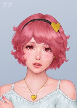 Rule 34 | 1girl, alternate costume, bare shoulders, black hairband, earrings, eyelashes, eyeshadow, floral print, freckles, grey background, grey shirt, hair ornament, hairband, hand up, head tilt, heart, heart hair ornament, heart necklace, highres, jewelry, komeiji satori, looking at viewer, makeup, messy hair, nail polish, necklace, parted lips, pink eyeshadow, pink hair, pink nails, polka dot, realistic, red eyes, rose print, self-upload, shirt, short hair, solo, stenciled rose, swept bangs, teeth, touhou, yyf (seaknight)