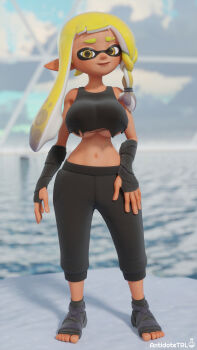 1girl 3d antisplat artist_name asymmetrical_hair bare_shoulders bike_shorts black_shorts blonde_hair braid commentary english_commentary eyebrow_cut feet fingerless_gloves gloves highres inkling nintendo pointy_ears shorts side_braid single_braid solo splatoon_(series) splatoon_3 tentacle_hair toeless_legwear toes torn_clothes veronika_(splatoon) yellow_eyes
