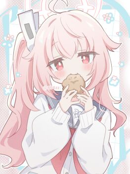 1girl ahoge anzen_robo_(474zz) blue_archive blue_sailor_collar cardigan closed_mouth commentary_request eating food halo holding holding_food long_hair long_sleeves looking_at_viewer natsu_(blue_archive) neckerchief pink_hair pink_halo portrait red_eyes red_neckerchief sailor_collar school_uniform serafuku side_ponytail solo white_background white_cardigan