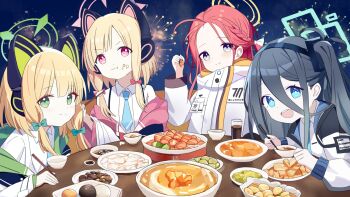 4girls :d :t aerial_fireworks animal_ear_headphones animal_ears ankry aqua_halo aris_(blue_archive) black_hair blue_archive blue_eyes blue_necktie blunt_bangs bow braid bright_pupils cat_ear_headphones cat_ears chinese_commentary chopsticks closed_mouth coat cola collared_shirt commentary_request cup double-parted_bangs eating eyes_visible_through_hair fake_animal_ears fireworks food food_on_face forehead game_development_department_(blue_archive) green_bow green_eyes green_halo grey_eyes hair_between_eyes hair_bow half_up_braid halo hand_up headphones highres holding holding_chopsticks id_card jacket leaning_forward long_hair long_hair_between_eyes long_sleeves looking_at_viewer medium_hair midori_(blue_archive) millennium_science_school_logo momoi_(blue_archive) multiple_girls necktie night one_side_up open_clothes open_jacket open_mouth orange_halo outdoors parted_bangs pink_halo rectangular_halo red_bow red_eyes red_hair ringed_eyes school_uniform shirt sidelocks smile split_mouth story_in_commentary table teeth upper_body upper_teeth_only v-shaped_eyebrows white_bow white_coat white_jacket white_pupils white_shirt wide_sleeves yuzu_(blue_archive)