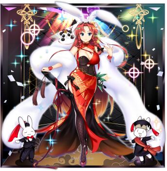 1girl alternate_costume animal_ear_hairband animal_ears bamboo_leaf bare_arms bare_shoulders black_bow black_dress black_thighhighs blue_eyes bow braid breasts china_dress chinese_clothes cleavage cleavage_cutout clothing_cutout collarbone cutout_above_navel dragon_print dress fake_animal_ears fishnet_thighhighs fishnets folding_fan frown full_body game_cg hair_bow hairband hand_fan highres hong_meiling hong_meiling_(bunny_scarlet_devil_mansion_guard) lace lace-trimmed_legwear lace_trim large_breasts legs long_hair looking_at_viewer official_art oversized_object panda parted_bangs pelvic_curtain rabbit rabbit_ears red_dress red_hair red_nails red_shoes rotte_(1109) shoes side_slit sleeveless sleeveless_dress solo sparkle stole tassel thighhighs thighs third-party_source touhou touhou_lostword transparent_background twin_braids wristband