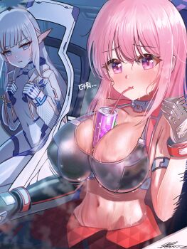 2girls absurdres arm_strap asymmetrical_gloves bare_shoulders black_gloves black_sports_bra blue_archive blunt_bangs blush bodysuit breast_envy breasts bubble_tea_challenge cleavage closed_mouth collarbone commentary_request covered_navel drinking_straw drinking_straw_in_mouth earclip eimi_(battlesuit)_(blue_archive) eimi_(blue_archive) elbow_gloves fanning_self gloves groin hair_between_eyes halo highres himari_(armed)_(blue_archive) himari_(blue_archive) hot indoors jacket korean_commentary korean_text large_breasts long_hair long_sleeves looking_at_another mole mole_under_eye multiple_girls navel official_alternate_costume open_clothes open_jacket pink_eyes pink_hair pink_halo pointy_ears powered_wheelchair purple_eyes sidelocks signature single_elbow_glove sitting small_breasts solharuu sports_bra steaming_body stomach sweat very_sweaty wheelchair white_bodysuit white_hair white_halo white_jacket