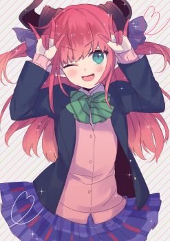 Rule 34 | 10s, 1girl, ;d, alternate costume, aqua eyes, arms up, blazer, blue skirt, blush, cardigan, commentary request, cosplay, double m/, elizabeth bathory (fate), elizabeth bathory (fate/extra), fate/extra, fate/extra ccc, fate (series), heart, heart of string, horns, jacket, karokuchitose, long hair, looking at viewer, love live!, love live! school idol project, m/, nico nico nii, one eye closed, open clothes, open jacket, open mouth, pinstripe pattern, pleated skirt, red hair, school uniform, sidelocks, skirt, smile, sparkle, striped background, upper body, v-shaped eyebrows, yazawa nico, yazawa nico (cosplay)