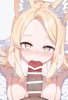 1boy 1girl animal_ears areola_slip bar_censor blonde_hair blue_archive censored covered_erect_nipples ear_ornament fellatio fox_ears highres loli long_hair looking_at_viewer looking_up navel nude oral parted_bangs penis seia_(blue_archive) sitting small_rabbit solo thighs
