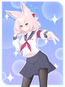 1girl animal_ear_fluff animal_ears black_pantyhose black_sailor_collar black_skirt blue_archive blue_background blue_eyes blue_halo blunt_bangs blush border closed_mouth commentary cowboy_shot english_commentary fingernails fox_ears fox_girl gyaru_v hair_ribbon half_updo halo highres index_finger_raised long_sleeves looking_at_viewer madoka_(user_zrnk8278) medium_hair midriff miniskirt navel niko_(blue_archive) outline outside_border outstretched_arm pantyhose pink_hair pleated_skirt ponytail red_ribbon ribbon sailor_collar school_uniform serafuku shirt short_ponytail simple_background skirt smile solo twitter_username v white_border white_outline white_shirt