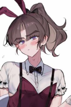 1boy ayase_ayato_(imamiya_pinoko) black_bow black_bowtie blush bow bowtie brown_hair closed_mouth collared_shirt commentary_request crossdressing crossdressing_(mtf) gloves highres imamiya_pinoko leotard long_hair looking_at_viewer male_focus original ponytail purple_eyes red_leotard shirt short_hair short_ponytail solo twitter_username upper_body white_gloves white_shirt