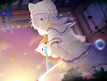 1girl azur_lane blue_bow blue_bowtie blush bow bowtie bubble fox_tail hair_ornament hat highres medium_hair nekonetoru_take open_mouth purple_eyes sailor_collar school_uniform sitting skirt tail thighhighs uranami_(azur_lane) white_hair white_skirt white_thighhighs