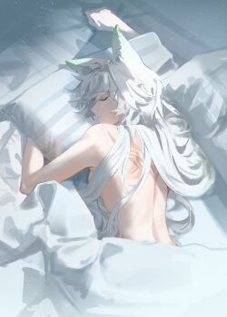 1girl absurdres animal_ears arm_up back_tattoo bed breasts closed_eyes commentary elyzerda feixiao_(honkai:_star_rail) fox_ears fox_girl from_above highres honkai:_star_rail honkai_(series) long_hair median_furrow medium_breasts parted_lips pillow sleeping solo tattoo under_covers white_hair