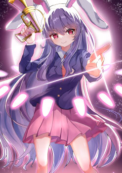 1girl absurdres animal_ears breasts closed_mouth collared_shirt commentary_request cowboy_shot crescent crescent_pin danmaku full_moon gun hair_between_eyes handgun highres holding holding_gun holding_weapon index_finger_raised jacket lapels long_hair long_sleeves looking_at_viewer lunatic_gun magic medium_breasts moon necktie night night_sky outdoors pink_eyes pink_skirt pleated_skirt purple_hair purple_jacket purple_sky rabbit_ears rabbit_girl red_necktie reisen_udongein_inaba rikiriki200 shirt sidelocks skirt sky smile solo sparkle standing star_(sky) starry_sky touhou wavy_hair weapon white_shirt
