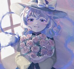 Rule 34 | 1girl, bouquet, bow, commentary request, film grain, flower, frilled sleeves, frills, grey eyes, grey hair, hat, hat bow, highres, holding, holding bouquet, koishi day, komeiji koishi, long hair, long sleeves, looking at viewer, open mouth, pink flower, pink rose, rose, satsuki mei (17maymay14), shirt, sleeves past wrists, smile, solo, third eye, touhou, upper body, wavy hair, window, yellow shirt