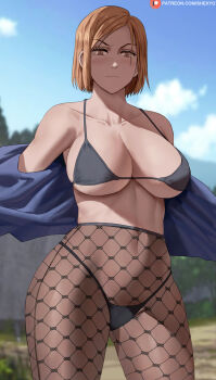 1girl bare_shoulders bikini black_bikini black_pantyhose blue_jacket blue_sky blurry blurry_background breasts brown_eyes closed_mouth cloud collarbone commentary covered_navel cowboy_shot day eyelashes fishnet_pantyhose fishnets gluteal_fold high-waist_pantyhose highleg highleg_bikini highres jacket jujutsu_kaisen kugisaki_nobara large_breasts light_brown_hair looking_at_viewer open_clothes open_jacket outdoors pantyhose pantyhose_under_swimsuit patreon_logo patreon_username shexyo sky solo standing string_bikini swimsuit thick_thighs thighs tree underboob v-shaped_eyebrows watermark web_address