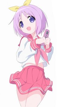 Rule 34 | 1girl, :d, blue eyes, cellphone, doublemengu, hashtag-only commentary, highres, hiiragi tsukasa, holding, holding phone, lucky star, midriff peek, neckerchief, open mouth, phone, pink neckerchief, purple hair, red sailor collar, red skirt, ribbon, ryouou school uniform, sailor collar, school uniform, shirt, short hair, simple background, skirt, smile, tareme, white background, white shirt, yellow ribbon
