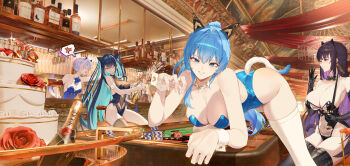 4girls absurdres anger_vein aqua_hair ass bar_(place) black_hair black_leotard black_thighhighs blue_eyes blue_hair blue_leotard bottle breasts cake cat_tail chandelier cleavage collarbone cone_hair_bun flower food goddess_of_victory:_nikke grey_hair grin hair_bun hanten43619 helm_(nikke) highres indoors large_breasts leotard light_particles little_mermaid_(nikke) long_hair looking_at_viewer medium_breasts mihara_(nikke) mori_(nikke) multicolored_hair multiple_girls one_eye_closed parted_lips paw_pose poker_chip poker_table ponytail purple_eyes purple_hair red_flower red_rose rose sitting smile spoken_anger_vein table tail thighhighs two-tone_hair very_long_hair white_thighhighs wrist_cuffs yellow_eyes