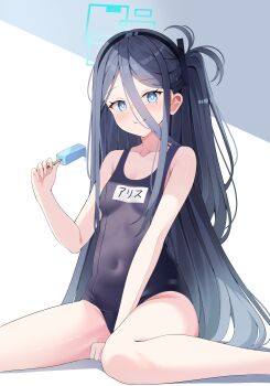 1girl absurdres alternate_costume aris_(blue_archive) bare_arms bare_legs black_hair blue_archive blue_eyes blue_halo blue_one-piece_swimsuit breasts bright_pupils collarbone covered_navel food hair_between_eyes halo highres holding holding_food holding_popsicle long_hair long_hair_between_eyes looking_at_viewer melting_popsicle name_tag one-piece_swimsuit popsicle school_swimsuit sitting small_breasts smile sob_(submar1089) solo swimsuit very_long_hair white_pupils