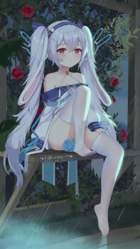 1girl arbor armpit_crease artist_name azur_lane bare_shoulders blue_flower blue_rose breasts chinese_commentary choker cleavage closed_mouth collarbone commentary_request crossed_bangs dated dot_mouth feet flower grass hair_between_eyes halterneck highres laffey_(azur_lane) laffey_ii_(azur_lane) leg_up loli long_hair looking_at_viewer outdoors rain red_eyes red_flower red_rose ribbon_choker rose sitting small_breasts solo symbol-shaped_pupils thighhighs toes twintails very_long_hair white_choker white_hair white_thighhighs xiao_shi_lullaby