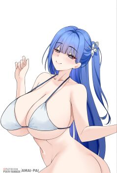 Rule 34 | 1girl, absurdres, amai-pai, arcana (nikke), arm up, armpit crease, artist name, bare arms, bare shoulders, bikini, bikini top only, blue hair, blunt bangs, bottomless, breasts, butt crack, cleavage, closed mouth, collarbone, commentary, cowboy shot, fanbox username, from side, goddess of victory: nikke, grey eyes, hair intakes, hair ornament, halterneck, hand up, highres, huge breasts, light blush, long hair, looking at viewer, one side up, patreon logo, patreon username, pixiv username, sideboob, simple background, smile, solo, stomach, string bikini, swimsuit, thighs, turning around, underboob, very long hair, white background, white bikini