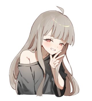 Rule 34 | 1girl, ahoge, blunt bangs, cho kaguya-hime!, commentary request, grey hair, half-closed eyes, hand up, highres, kaguya (cho kaguya-hime!), long hair, looking at viewer, off shoulder, red eyes, rxi rxkku, shirt, simple background, single off shoulder, smile, solo, t-shirt, upper body, w, white background