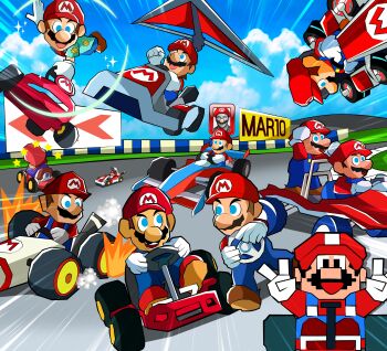 Rule 34 | 6+boys,  double dash,  double dash!!, absurdres, blue eyes, chris pratt, driving, dual persona, eternalflamebry, facial hair, flying, gloves, grin, hat, highres, kart, looking at viewer, mario, mario (series), mario (sunshine), mario k, mario kart, mario kart 64, mario kart 7, mario kart 8, mario kart arcade gp dx, mario kart ds, mario kart live: home circuit, mario kart super circuit, mario kart tour, mario kart wii, multiple boys, mustache, nintendo, race track, racing, real life, smile, super mario kart, the super mario bros. movie, v, wheel