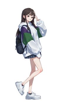 1girl absurdres backpack bag black_hair black_skirt choppy_bangs commentary_request drawstring from_side full_body hand_up highres hood hood_down hoodie long_hair long_sleeves looking_at_viewer looking_to_the_side miniskirt original ourin_(procyon) parted_lips pleated_skirt shoes simple_background skirt smile sneakers solo straight_hair turning_head v walking white_background white_hoodie white_shoes