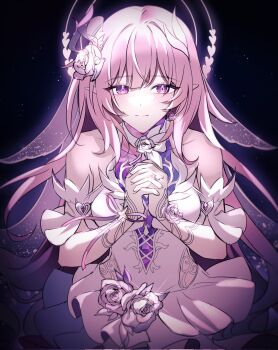 1girl bare_shoulders breasts bridal_veil cheeesecaaaakee corrupted_twitter_file cyrene_(honkai:_star_rail) cyrene_(ripples_of_past_reverie)_(honkai:_star_rail) diamond-shaped_pupils diamond_(shape) dress earrings flower hair_flower hair_ornament halo hashtag-only_commentary highres honkai:_star_rail honkai_(series) jewelry large_breasts long_hair looking_at_viewer own_hands_together pink_hair pointy_ears purple_eyes sky solo star_(sky) starry_sky symbol-shaped_pupils veil very_long_hair white_dress