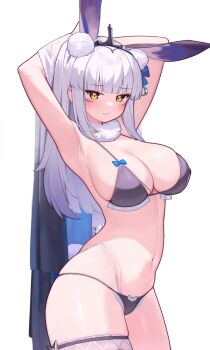 1girl absurdres animal_ears armpits arms_behind_head bikini black_bikini bra breasts cleavage commentary_request deaver highres kaavi large_breasts long_hair looking_at_viewer mahjong_soul navel rabbit_ears rabbit_girl simple_background solo swimsuit underwear white_background white_hair yellow_eyes