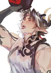 Rule 34 | 1boy, 3000zialg, arknights, arm up, brown hair, chinese clothes, chinese commentary, chong yue (arknights), colored extremities, commentary request, dragon boy, dragon horns, drinking, earrings, fangs, hair over shoulder, highres, holding, horns, jewelry, long hair, looking to the side, low ponytail, male focus, multicolored hair, open mouth, pointy ears, red eyes, simple background, sleeveless, solo, streaked hair, toned, toned male, upper body, water, wet, wet clothes, white background, white hair