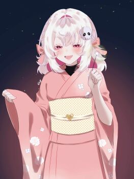 1girl aegyo_sal blush colored_inner_hair commentary commission cowboy_shot english_commentary fang floral_print floral_print_kimono hair_intakes hair_ornament heart highres holding icy_artzy japanese_clothes kimono long_sleeves looking_at_viewer multicolored_hair open_mouth original parted_bangs pink_eyes pink_kimono print_kimono sash short_hair skin_fang skull_hair_ornament smile solo star_(symbol) star_in_eye symbol_in_eye white_hair wide_sleeves yellow_sash yuki_(zomb)