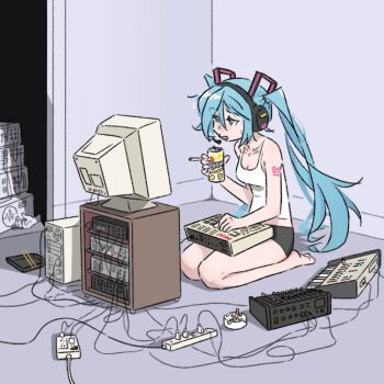 1girl 1other aqua_hair barefoot breasts cable can cigarette computer hair_between_eyes hatsune_miku headphones indoors medium_breasts monitor open_mouth solo strong_zero truffleduster vocaloid when_you_see_it