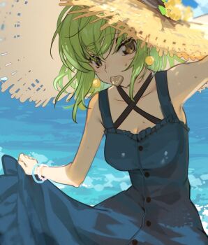 blue_dress bracelet breasts buttons c.c. candy chocolate chocolate_heart code_geass cowboy_shot creayus dress earrings food food_in_mouth green_hair hat heart holding holding_unworn_clothes holding_unworn_dress jewelry looking_at_viewer medium_breasts ocean short_hair sphere_earrings straw_hat sundress sweat yellow_eyes