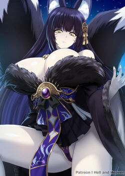 1girl animal_ear_fluff animal_ears artist_name azur_lane bare_shoulders black_hair breasts cleavage colored_inner_hair facial_mark fox_ears fox_girl fox_tail from_below fur-trimmed_kimono fur_trim gem hair_ornament hellandheaven highres huge_breasts japanese_clothes jewelry kimono kitsune kyuubi large_tail long_hair long_sleeves looking_at_viewer low_neckline magatama magatama_necklace mixed-language_commentary multicolored_hair multiple_tails musashi_(azur_lane) necklace night pale_skin purple_gemstone purple_hair solo tail two-tone_hair very_long_hair whisker_markings wide_sleeves yellow_eyes