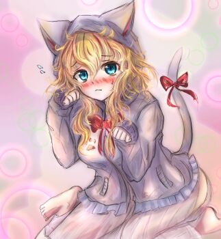 Rule 34 | 1girl, alternate costume, animal ears, barefoot, blonde hair, blue eyes, bow, bowtie, cat ears, cat tail, clothing request, commentary, embarrassed, frills, highres, hood, hood up, kemonomimi mode, long hair, long sleeves, maribel hearn, paw print, red bow, red bowtie, red ribbon, ribbon, sitting, solo, tail, tail ornament, tail ribbon, touhou, uwazumi