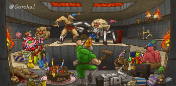 anniversary arch-vile baron_of_hell barrel bfg_9000 birthday_cake blood cacodemon cake corpse cyberdemon demon doom_(series) doom_ii doomguy eating explosive food gift hat highres imp_(doom) kurashiki_nanka lost_soul_(doom) pain_elemental party_hat pinky_demon popcorn spider_mastermind spill turkey_(food)