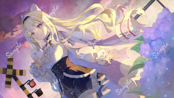 Rule 34 | 1girl, black corset, black shorts, buttons, closed mouth, cloud, coat, corset, creature, fence, gold buttons, heterochromia, long sleeves, looking at viewer, open clothes, open coat, outdoors, puffy long sleeves, puffy sleeves, purple coat, sample watermark, shirt, shorts, smile, solo, watermark, white shirt