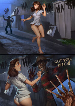 1boy 1girl a_nightmare_on_elm_street ass barefoot breasts brown_hair brown_hat collarbone collared_shirt english_text food freddy_krueger grey_shirt hat highres long_hair medium_breasts nancy_thompson night nightmare outdoors panties rope running sane-person shirt striped_clothes striped_shirt underwear wedgie white_panties