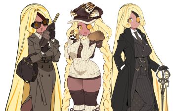 1girl :d @_@ alternate_costume animal_hands aran_sweater bag black-framed_eyewear black_bag black_coat black_gloves black_hat black_necktie black_pants black_ribbon black_thighhighs black_vest blonde_hair bottle braid breasts brown_pantyhose buttons cable_knit cane chocolate_syrup closed_mouth coat collared_coat collared_shirt commentary_request cookie_run cookie_run:_ovenbreak crossdressing crossdressing_(ftm) curly_sidelocks curvy dark-skinned_female dark_skin double-breasted dress elbow_carry eyepatch feet_out_of_frame food gloves grey_dress hair_intakes handbag hands_up hat hat_belt highres holding holding_bottle holding_cane kneehighs korean_commentary large_breasts layered_sleeves long_hair long_sleeves looking_at_object looking_at_viewer loose_socks low_twin_braids multicolored_hair multiple_views necktie ohta_guk_hip one_eye_covered open_clothes open_coat open_mouth orange_eyes orange_hair pants pantyhose parted_bangs pinstripe_pants pinstripe_pattern pinstripe_vest ribbon ribbon-trimmed_socks ribbon_trim shirt side_slit simple_background smile socks socks_over_thighhighs standing straight_hair streaked_hair sunglasses sweater thighhighs thighhighs_over_pantyhose timekeeper_cookie turtleneck turtleneck_sweater twin_braids two-tone_hair very_long_hair vest white_background white_shirt white_socks white_sweater