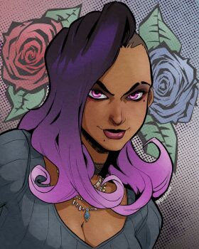 Rule 34 | 1girl, a munu (bogghonk), absurdres, alternate costume, asymmetrical hair, black hair, breasts, cleavage, closed mouth, commentary, dark-skinned female, dark skin, english commentary, eyebrow cut, eyeshadow, gradient hair, grey shirt, highres, jewelry, looking at viewer, makeup, mole, mole under eye, mole under mouth, multicolored hair, multiple necklaces, necklace, overwatch, purple eyes, purple eyeshadow, purple hair, purple lips, shirt, solo, sombra (overwatch), undercut, upper body, v-neck