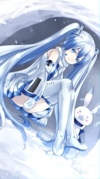 1girl absurdres animal aqua_hair bare_shoulders blue_eyes blue_necktie blue_scarf boots breasts bubble chiutake_mina closed_mouth commentary_request detached_sleeves double-parted_bangs full_body grey_boots grey_skirt hair_between_eyes hair_ornament hatsune_miku highres long_hair long_sleeves looking_at_viewer medium_breasts miniskirt mittens necktie pleated_skirt rabbit rabbit_yukine scarf shirt sitting skirt sleeveless sleeveless_shirt smile snowflake_print thigh_boots thighhighs twintails very_long_hair vocaloid white_mittens white_rabbit_(animal) white_scarf white_shirt white_sleeves yuki_miku yuki_miku_(2011) zettai_ryouiki