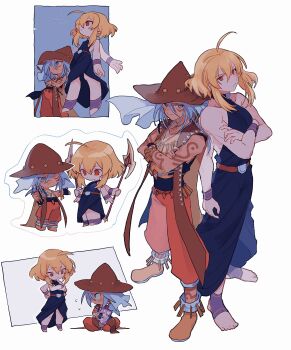 2boys absurdres ahoge arm_tattoo belt black_gloves black_robe blonde_hair blue_eyes blush_stickers boots bracelet brown_belt brown_boots brown_hat chibi chibi_inset claus_f._lester closed_mouth collarbone crossed_arms dark-skinned_male dark_skin dual_wielding extra_arms facial_mark fingerless_gloves gloves grey_hair hair_between_eyes halterneck hat highres holding holding_magazine holding_polearm holding_weapon jewelry long_hair looking_at_viewer magazine_(object) male_focus multiple_boys nancykittyu necklace one_eye_closed origin_(tales) pants polearm ponytail red_eyes red_pants robe short_hair simple_background sleeveless sleeveless_robe smile sweat tales_of_(series) tales_of_phantasia tattoo weapon white_background